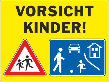 Gelbes Kinderschild mit Warnhinweisen Achtung Kinder